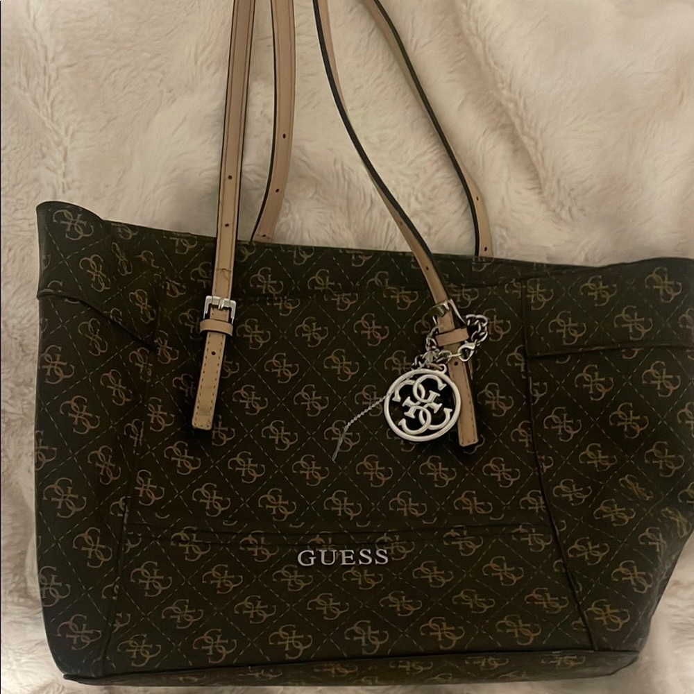 Guess Green and Tan Tote Bag with Signature Charm
